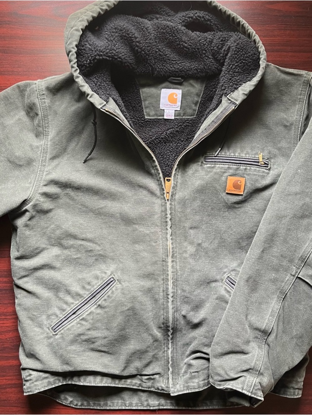 Vintage Carhartt Jacket Hooded J141-MOS Moss Green Sherpa-Lined Size Large